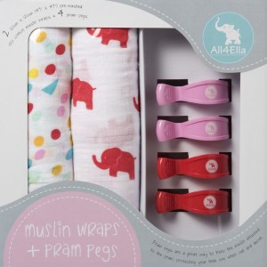 2x MUSLIN WRAPS & 4x PRAM PEGS "red elephant & spots" Gift Pack