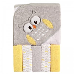 HOODED TOWEL & 5 FACE WASHER SET - owl